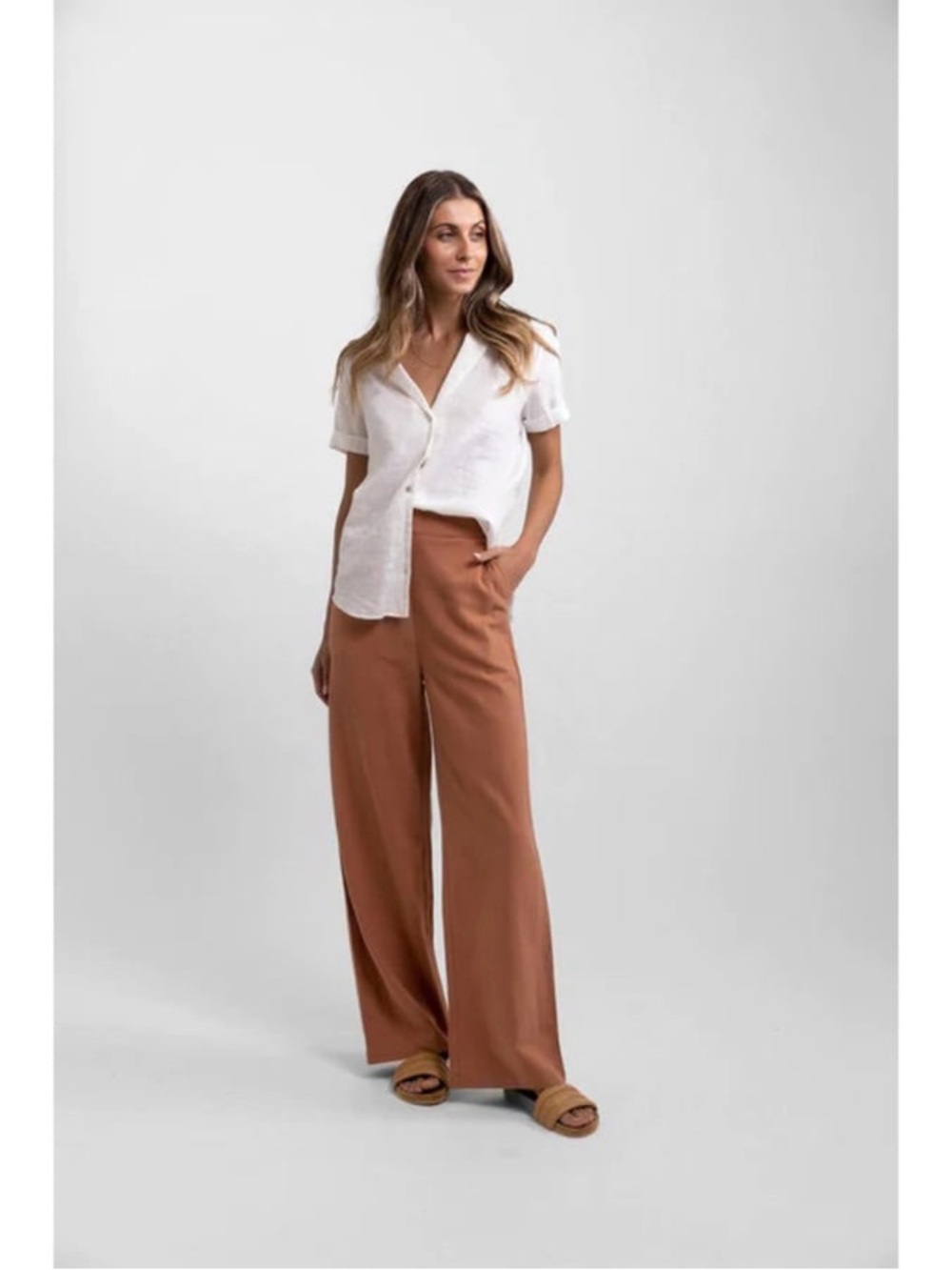 ☀️Rhythm Wide-Leg High-Rise Pants in Rust Crinkle Gauze Elastic Tie Waist US6